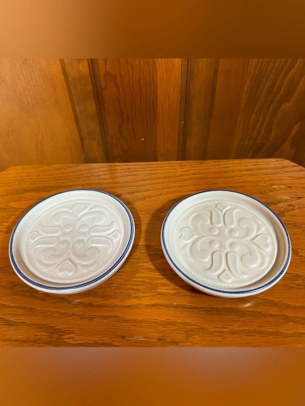 Vintage Pfaltzgraff Yorktowne Blue Rim Embossed Stoneware Coasters Set of 2